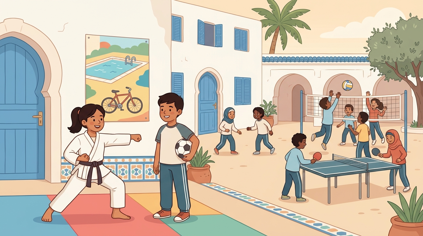 Dans la cour d'une école tunisienne, Nora fait du karaté et Leo tient un ballon de foot ; derrière, des élèves jouent au volley et au tennis de table
